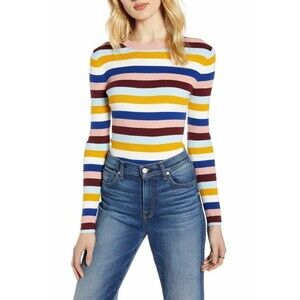 Halogen Even Striped Fitted Sweater Top Size L Crew Pink Multi NWT $69 B40